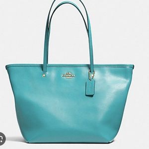 Authentic Coach Turquoise Cadet Blue Leather Street Zip Tote Originally $300